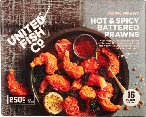 United Fish Co Hot & Spicy Battered Prawns Oven Ready 16Pk 250G