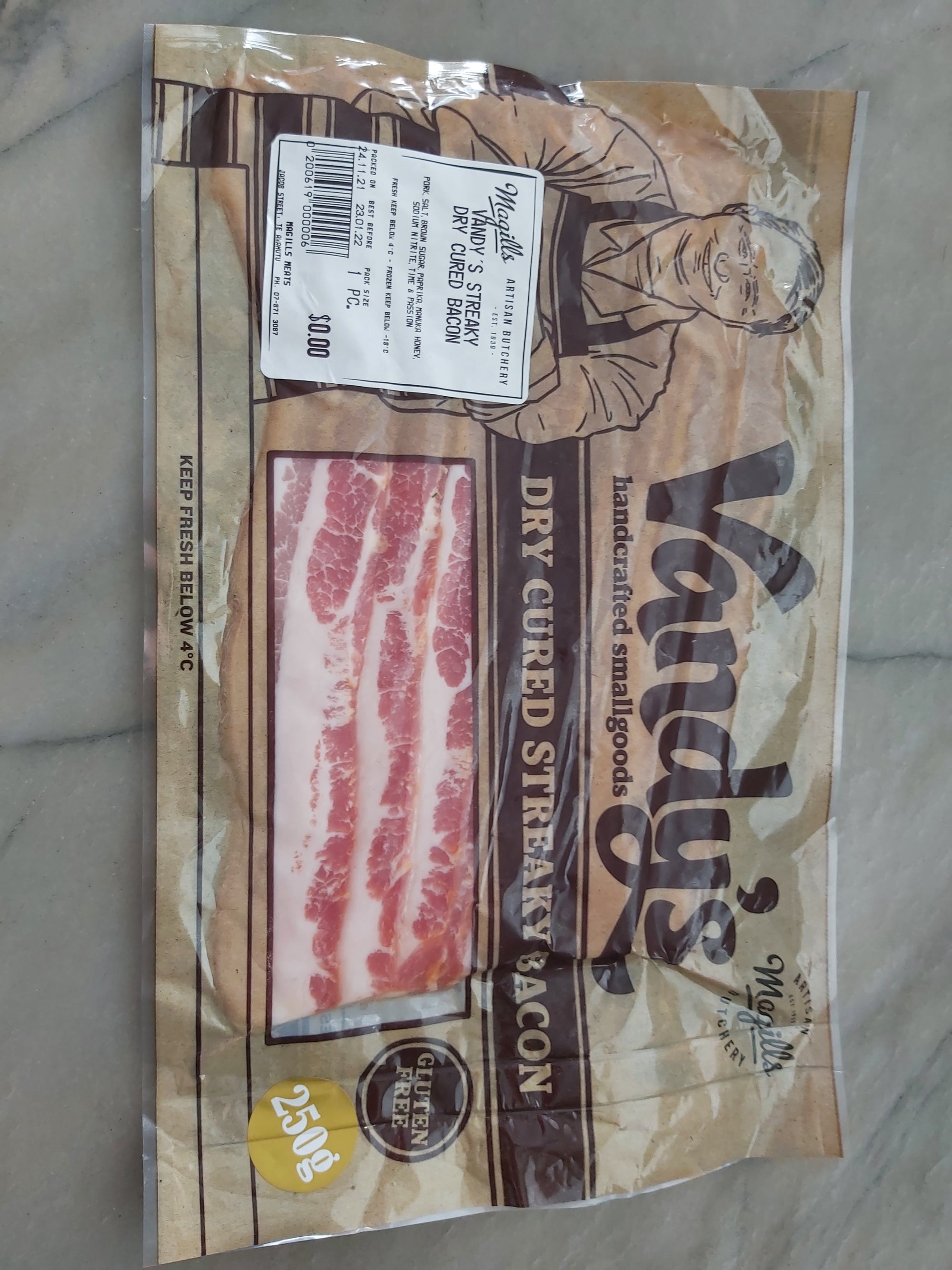 Vandys Dry Cured Streaky Bacon 3.5mm 250g pkt