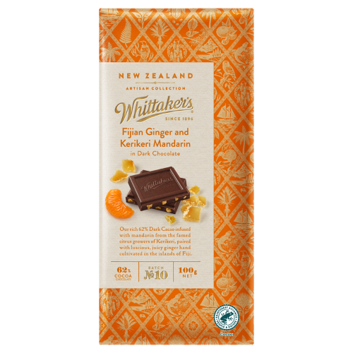 Whittakers Fijian Ginger & Kerikeri Mandarin Dark Chocolate Block 100g