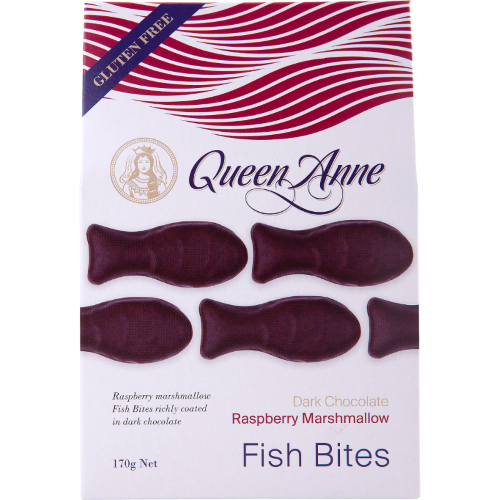 Queen Anne Dark Choc Raspberry Marshmallow Fish Bites 170g