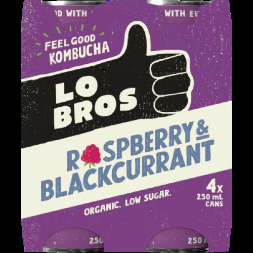 Lo Bros Raspberry & Blackcurrant Kombucha 250ml cans 4pk