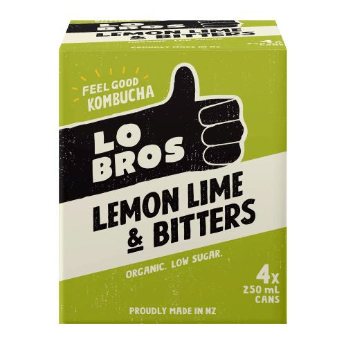 Lo Bros Lemon Lime & Bitters Kombucha 250ml cans 4pk