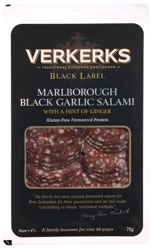 Verkerks Traditional Aged Black Garlic Ginger Salami Sliced 75g