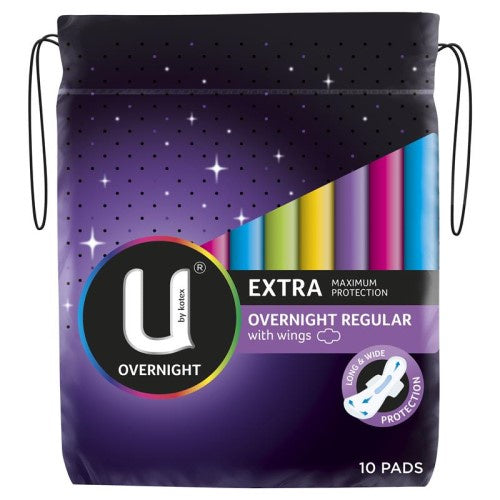 U by Kotex Extra Overnight Regular Pads With Wings 10pk