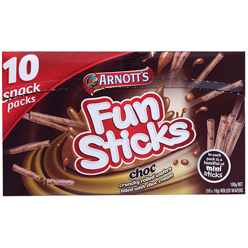 Arnotts Funsticks Chocolate Rolled Wafers Snack Packs 10pk 180g