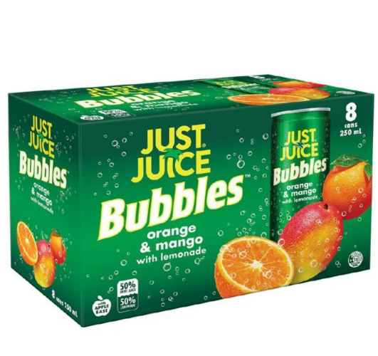 Just Juice Bubbles Orange & Mango With Lemonade Carbonated Fruit Drink Cans 8pk x 250ml