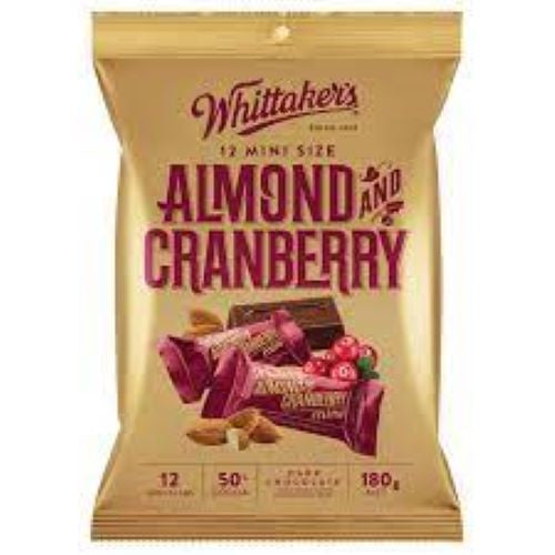 Whittakers Mini Size Almond & Cranberry Dark Chocolate Bars 12pk 180g