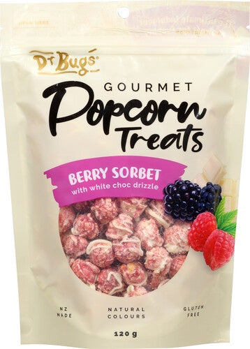Dr Bugs Berry Sorbet with White Choc Drizzle Gourmet Popcorn Treats 120g